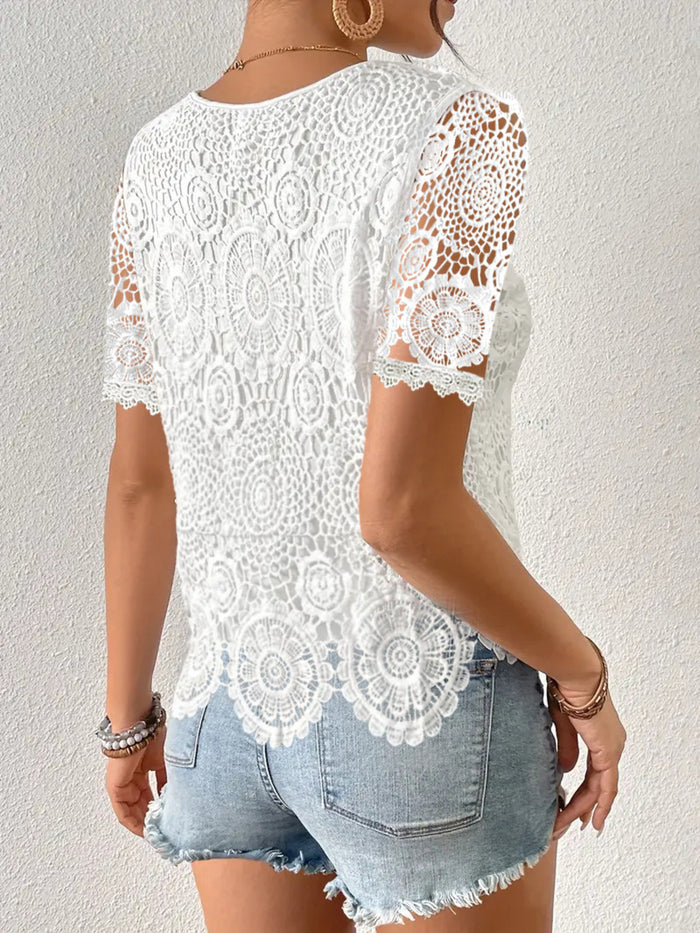 Lace Cutout Short Sleeve Blouse