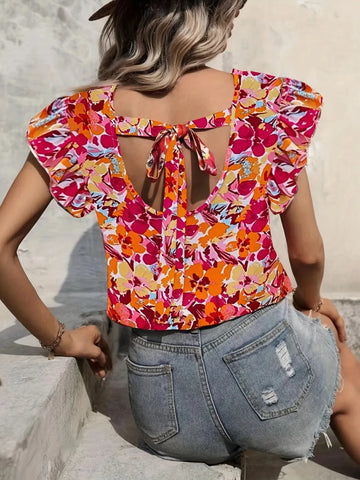 Printed V Neck Cap Sleeve Blouse