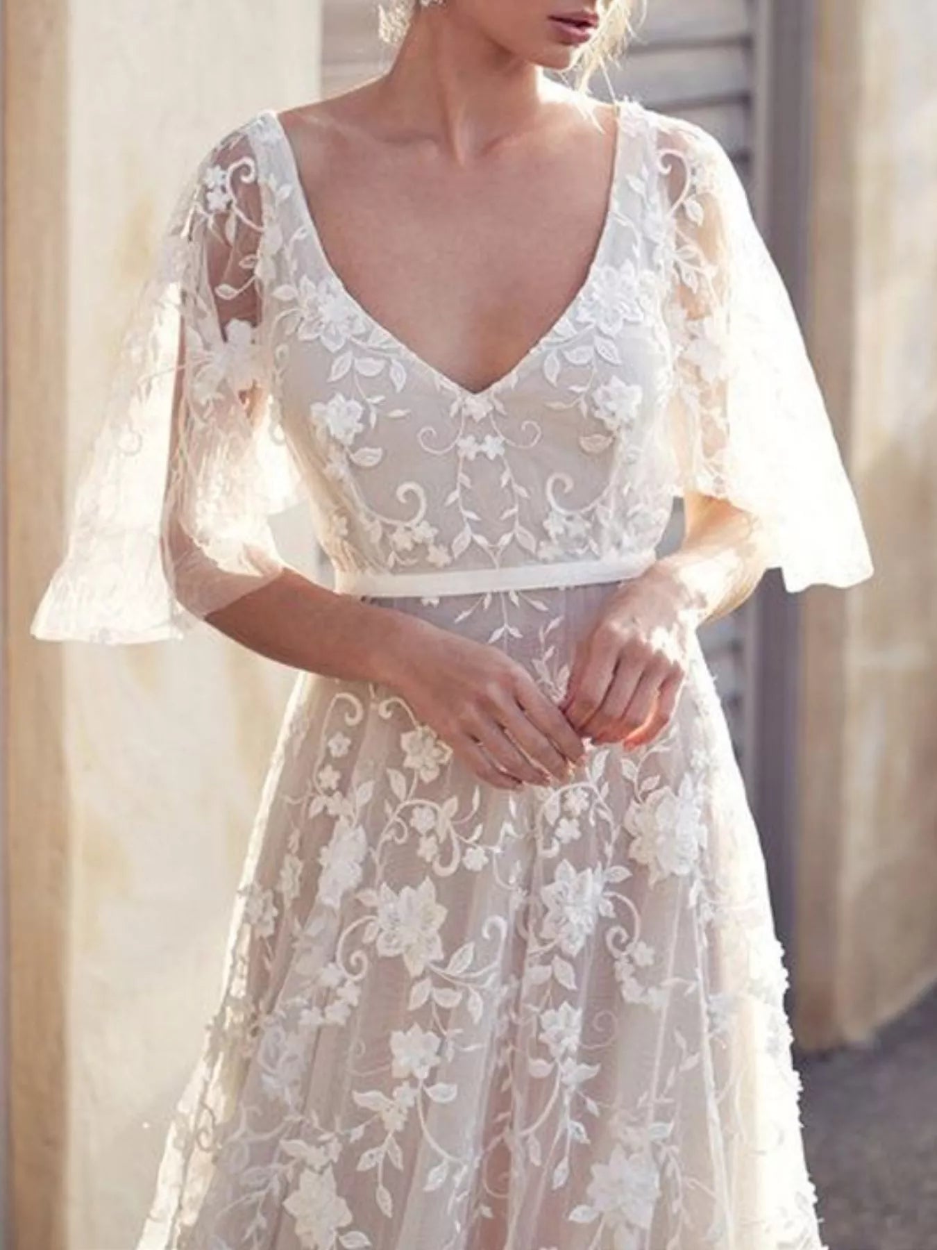 Full Size Lace Flutter Sleeve V-Neck Dress Plus Size selected from Dress Desire for Dress Desire: One Piece, Full Presence