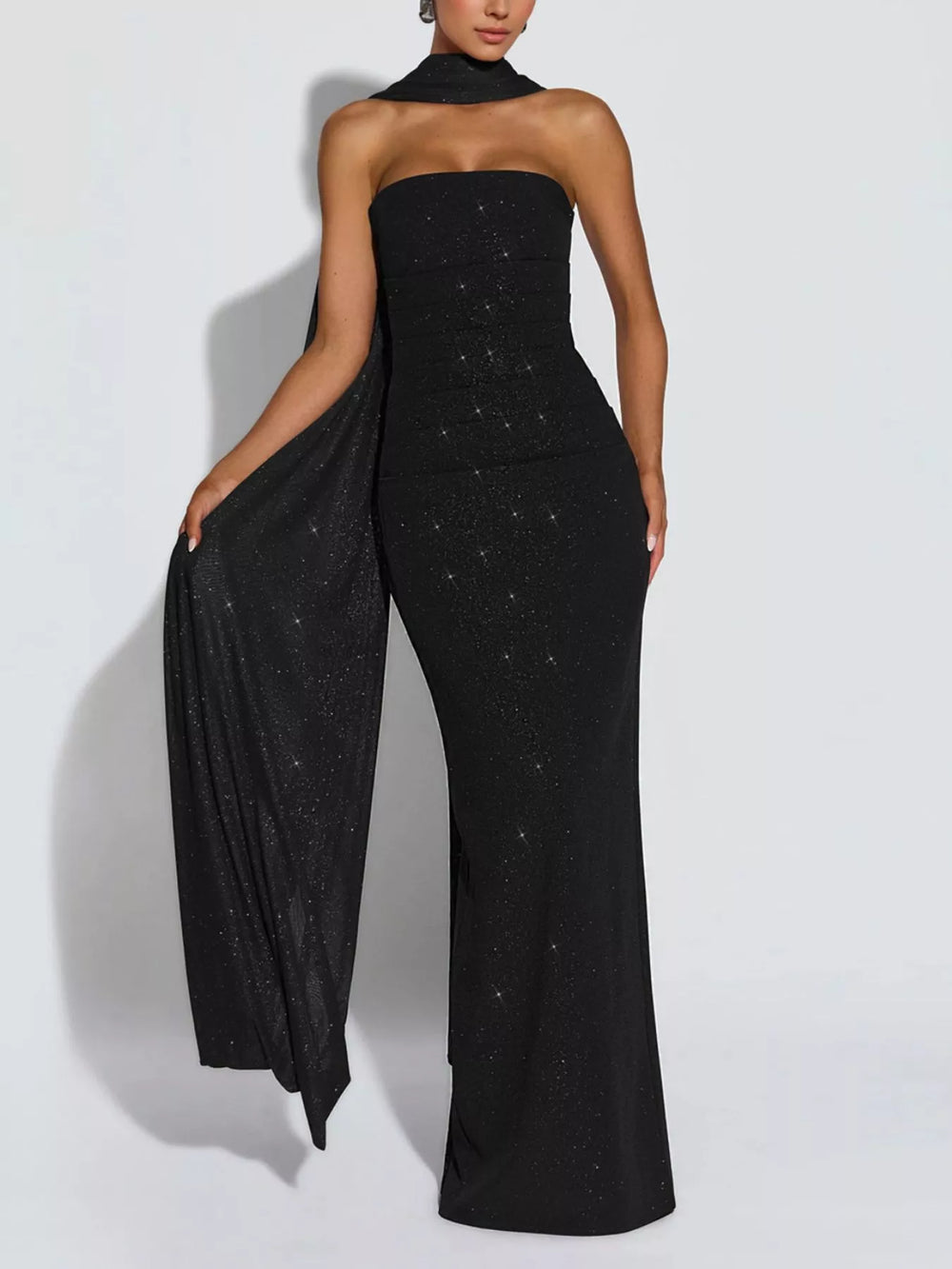 Slit Glitter Tube Maxi Dress with Scarf