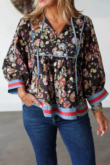 Floral Print Contrast Trim Tie V Neck Blouse