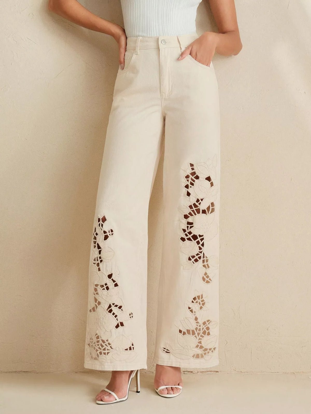 Cutout Embroidered Wide-Leg Jeans