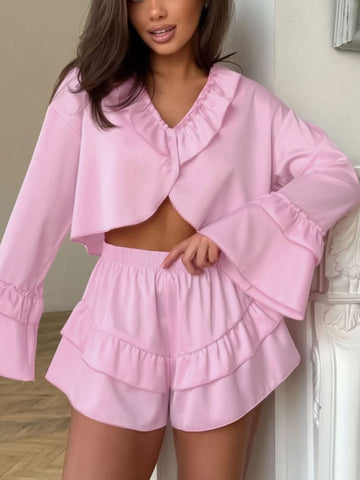 Ruffled V Neck Top and Shorts Set
