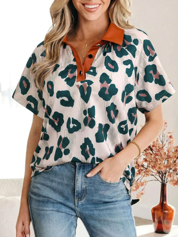 Leopard Print Button Contrast Collared Short Sleeve Blouse