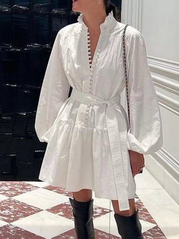 Button Up Balloon Sleeve Mini Dress