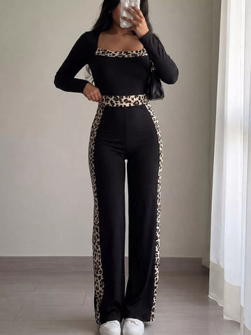Leopard Trim Long Sleeve Jumpsuit
