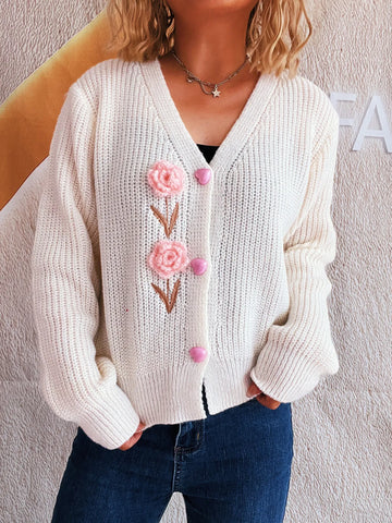 Flower V Neck Button Up Cardigan