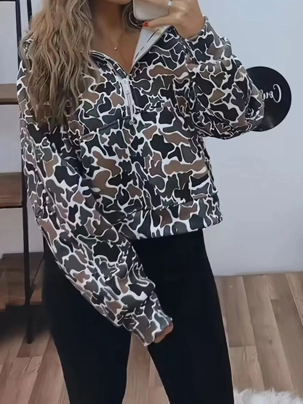 Full Size Camouflage Print Half Zip Sweatshirt Plus Size