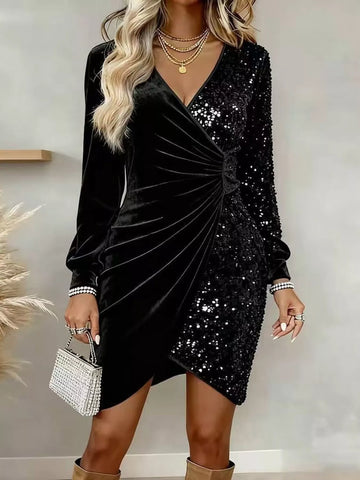Velvet Sequin Long Sleeve Wrap Dress