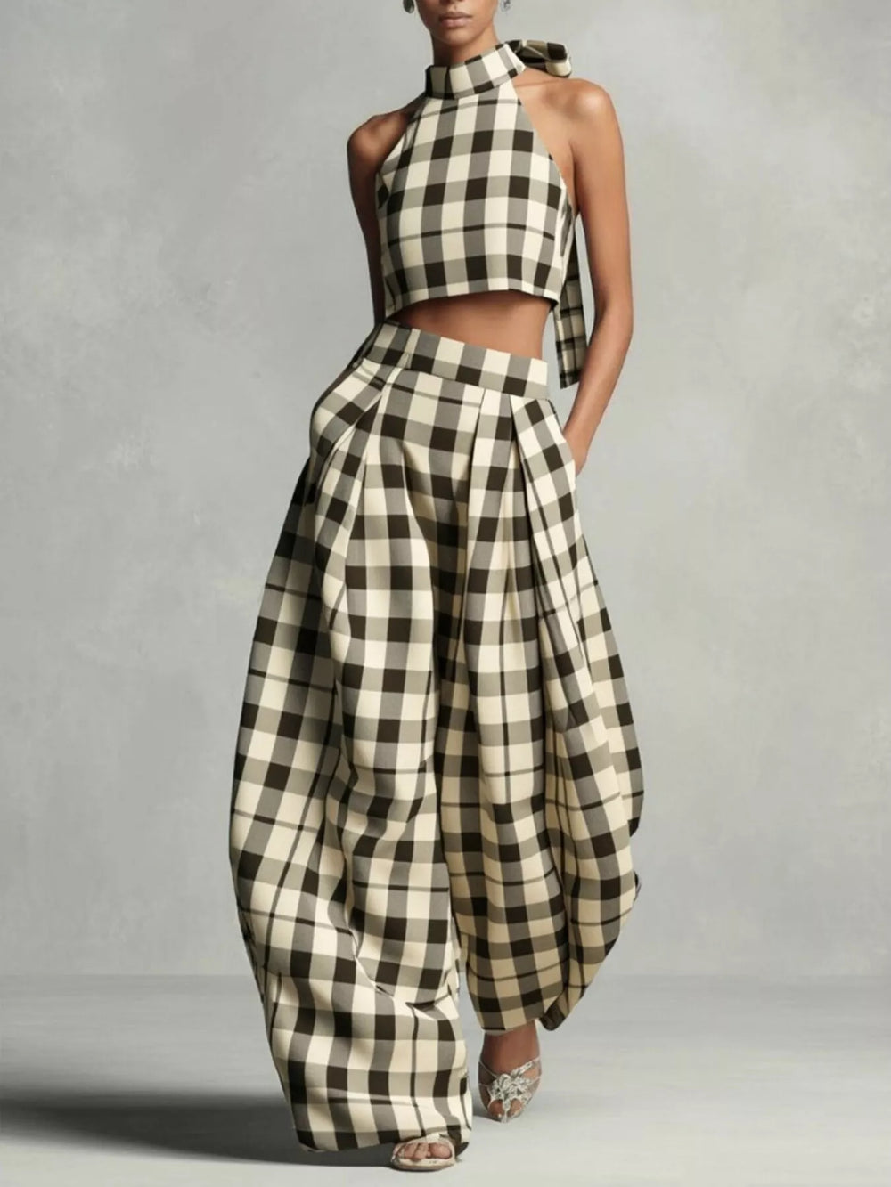 Plaid Halter Neck Crop Top and Wide-Leg Pants Two-Piece Set