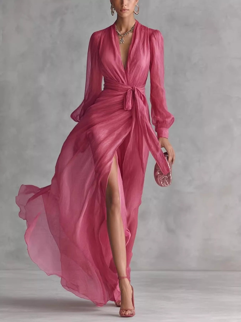 Long Sleeve Chiffon Wrap Maxi Dress with High Slit