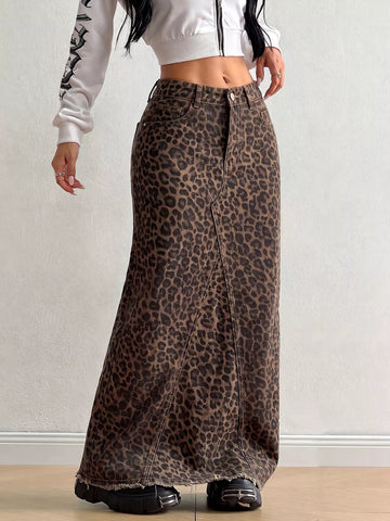 Leopard Maxi Denim Skirt