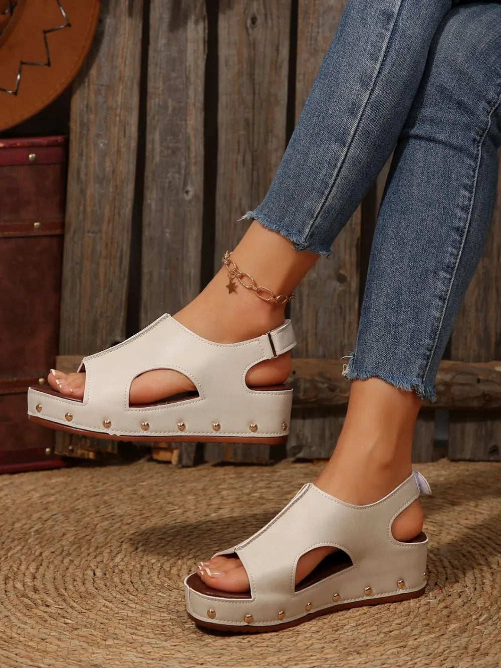 PU Leather Studded Wedge Sandals selected from Sandals & Slippers for Soft Steps: Comfort with a Polished Finish