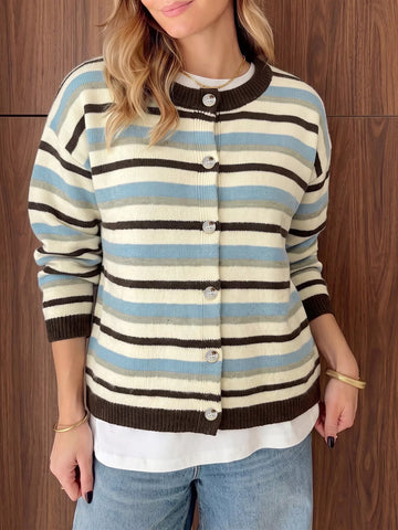 Striped Crew Neck Button-Down Cardigan