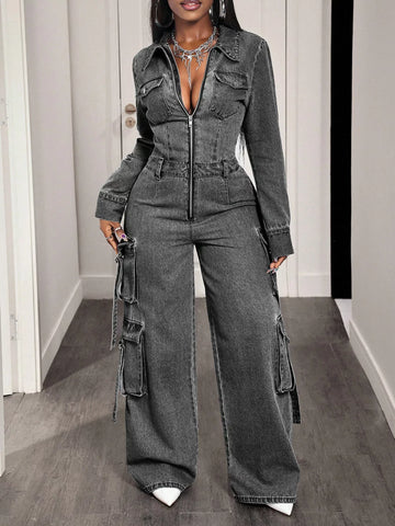 Zip Front Wide Leg Denim Jumpsuit
