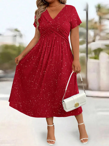 Full Size Glitter Flutter Sleeve Midi Dress Plus Size