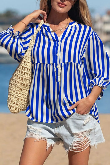 Stripe Balloon Sleeve Loose Button Up Shirt