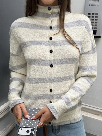Striped Mock Neck Button-Down Textured Cardigan