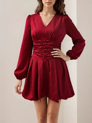 Ruched V-Neck Balloon Sleeve Dress