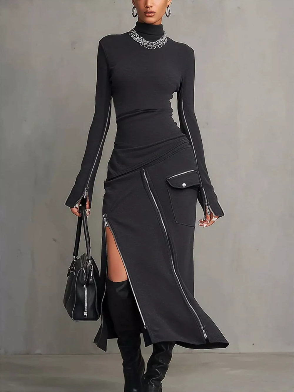 Mock Neck Long Sleeve Zipper Detail Maxi Dress