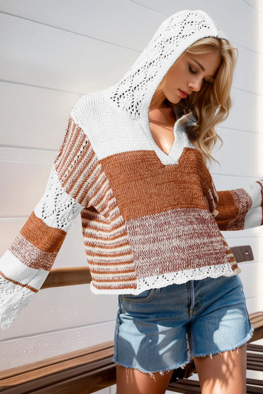 Double Take Full Size Openwork Contrast Long Sleeve Hooded Sweater selected from Knitwear Charm for Soft Form: The Knitwear Charm Edit