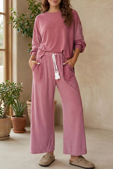 Rae Edge Patchwork Long Sleeve Top and Pocket Casual Pants Set
