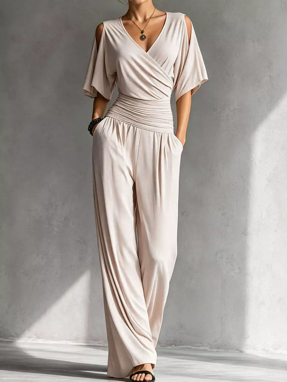 Cold Shoulder Ruched Waist Wide-Leg Jumpsuit