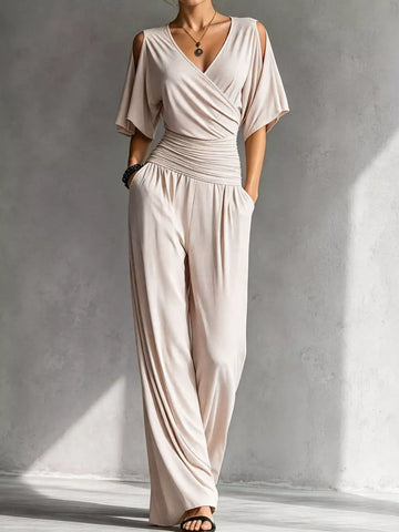 Cold Shoulder Ruched Waist Wide-Leg Jumpsuit