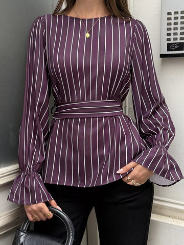 Striped Flounce Sleeves Blouse