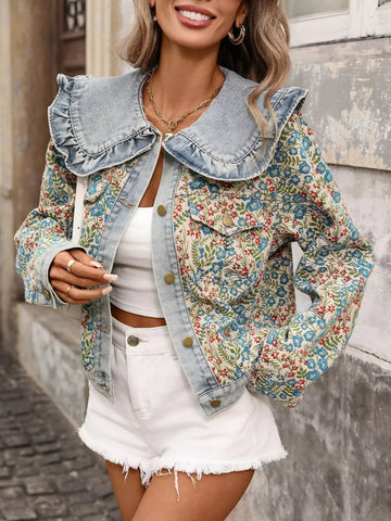Floral Ruffle Collar Denim Jacket