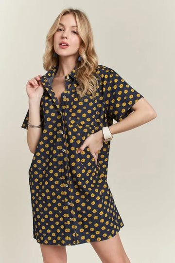 ADORA Floral Button Up Mini Denim Dress