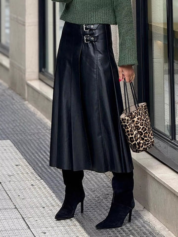 Buckle Detail Faux Leather Midi Skirt