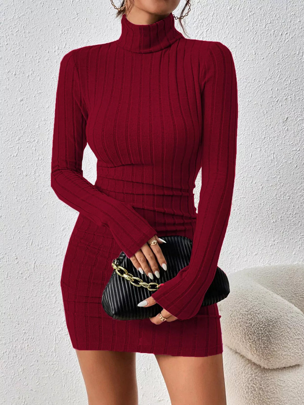 Turtleneck Ribbed Bodycon Knit Dress