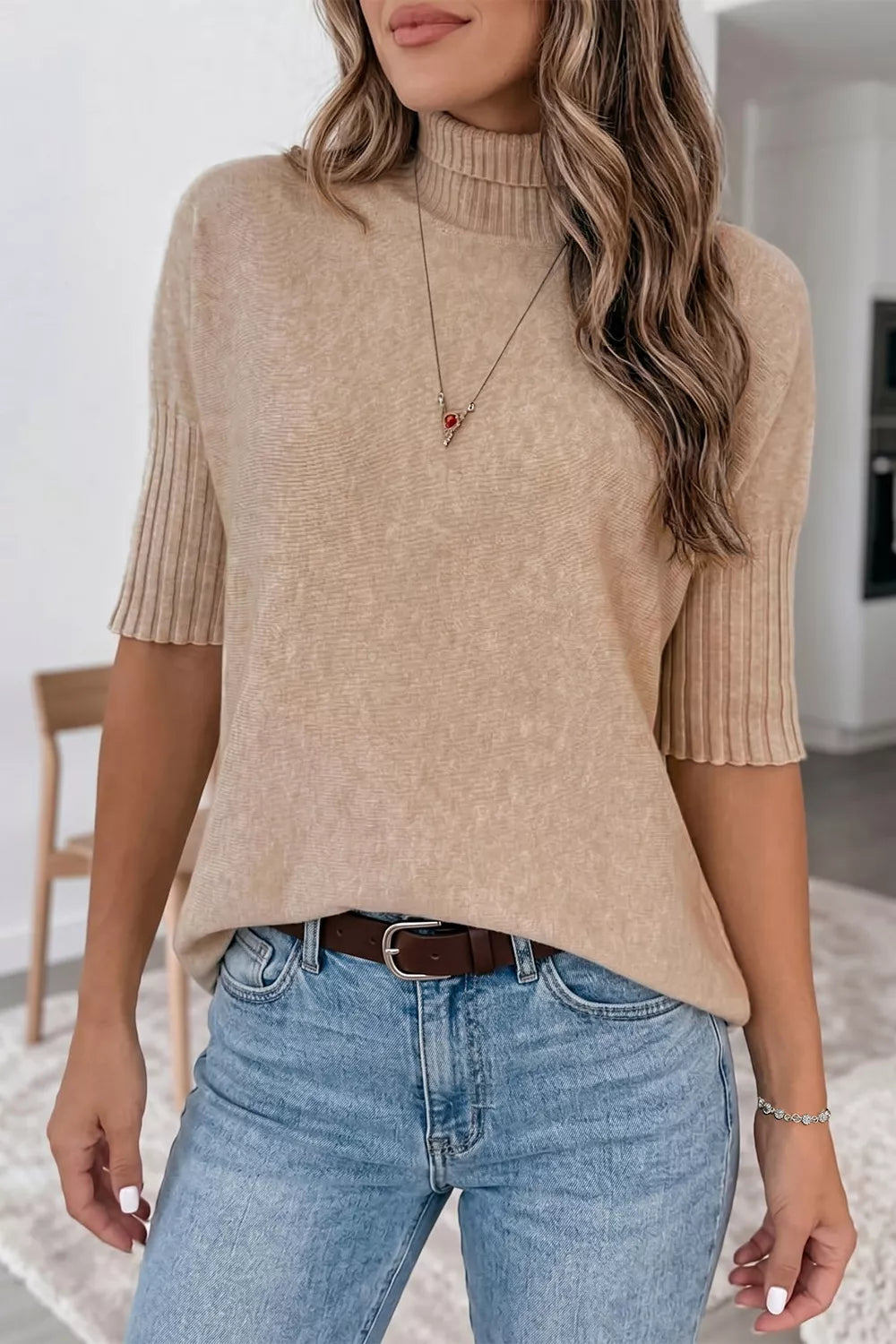 Ribbed Trim High Neck Short Sleeve Casual Sweater