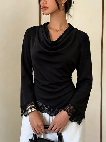 Lace Trim Cowl Neck Blouse