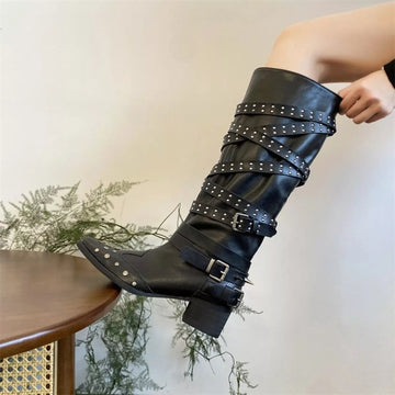 Studded Buckle Block Heel Boots