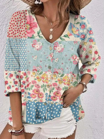 Full Size Printed V Neck Blouse