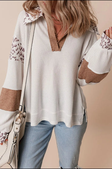 Waffle Knit Leopard Johnny Collar Long Sleeve Top