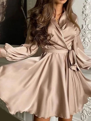 Satin Surplice Long Sleeve Mini Dress