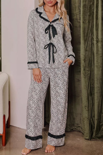 Leopard Print Bow Knot Patchwork Long Sleeve Lounge Set