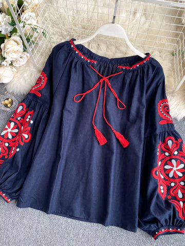 Embroidered Tassel Tie Neck Blouse