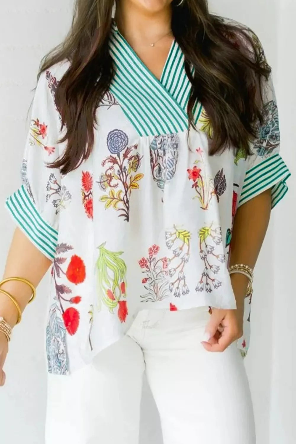 Floral Stripe V Neck Blouse