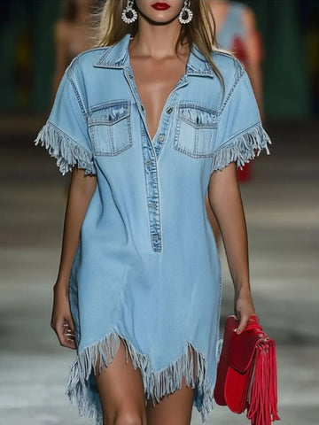 Full Size Fringed Short Sleeve Denim Shirt Dress Plus Size