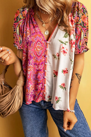 Printed V Neck Short Sleeve Blouse