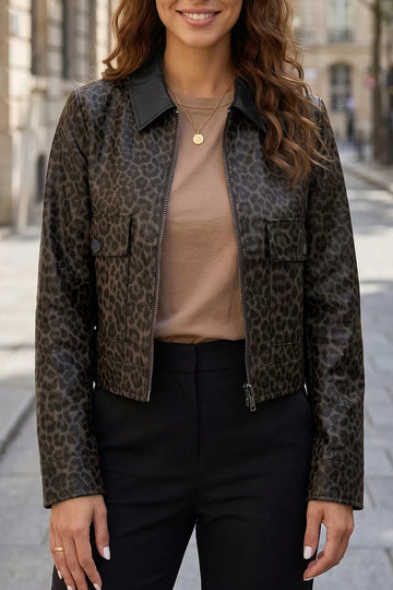Leopard Print Cropped Faux Leather Jacket with Utility Pockets