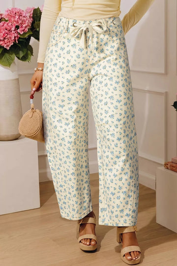 Grommet Knot Waist Floral Barrel Jeans