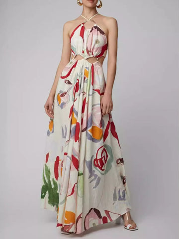 Printed Halter Cutout Maxi Dress