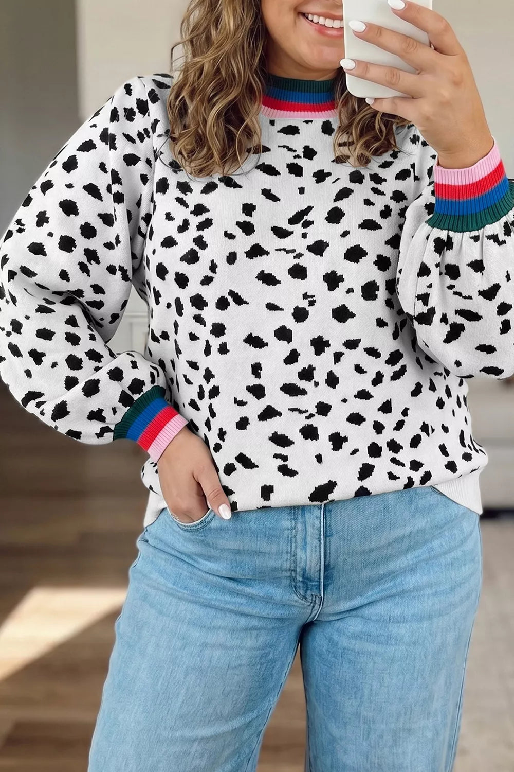 Plus Size Leopard Print Colorblock Round Neck Long Sleeve Tunic Sweater