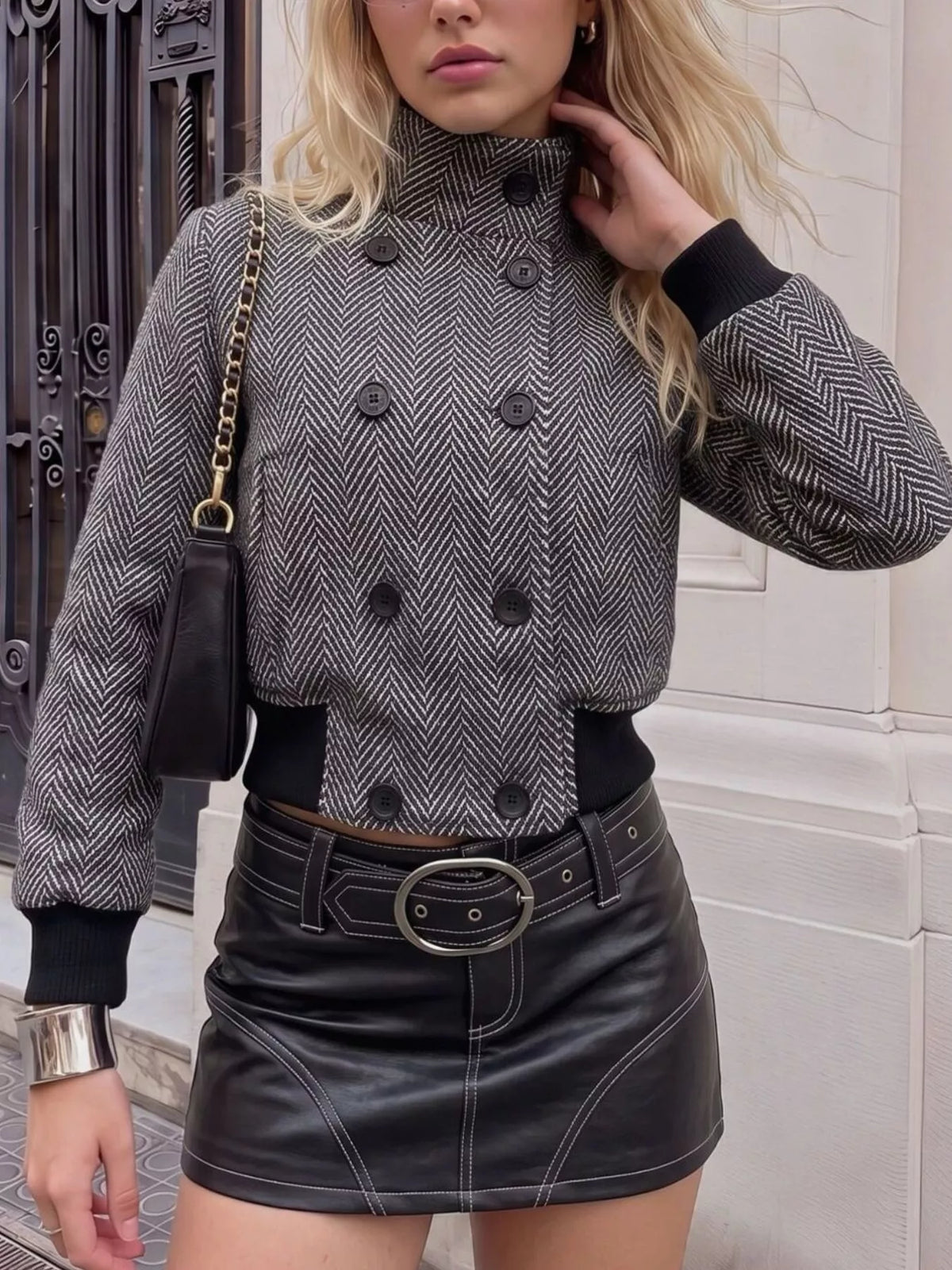 Herringbone Double-Breasted Cropped Outerwear