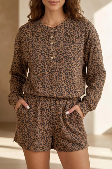 Leopard Print Long Sleeve Henley Top Elastic Waist Shorts 2pcs Outfit
